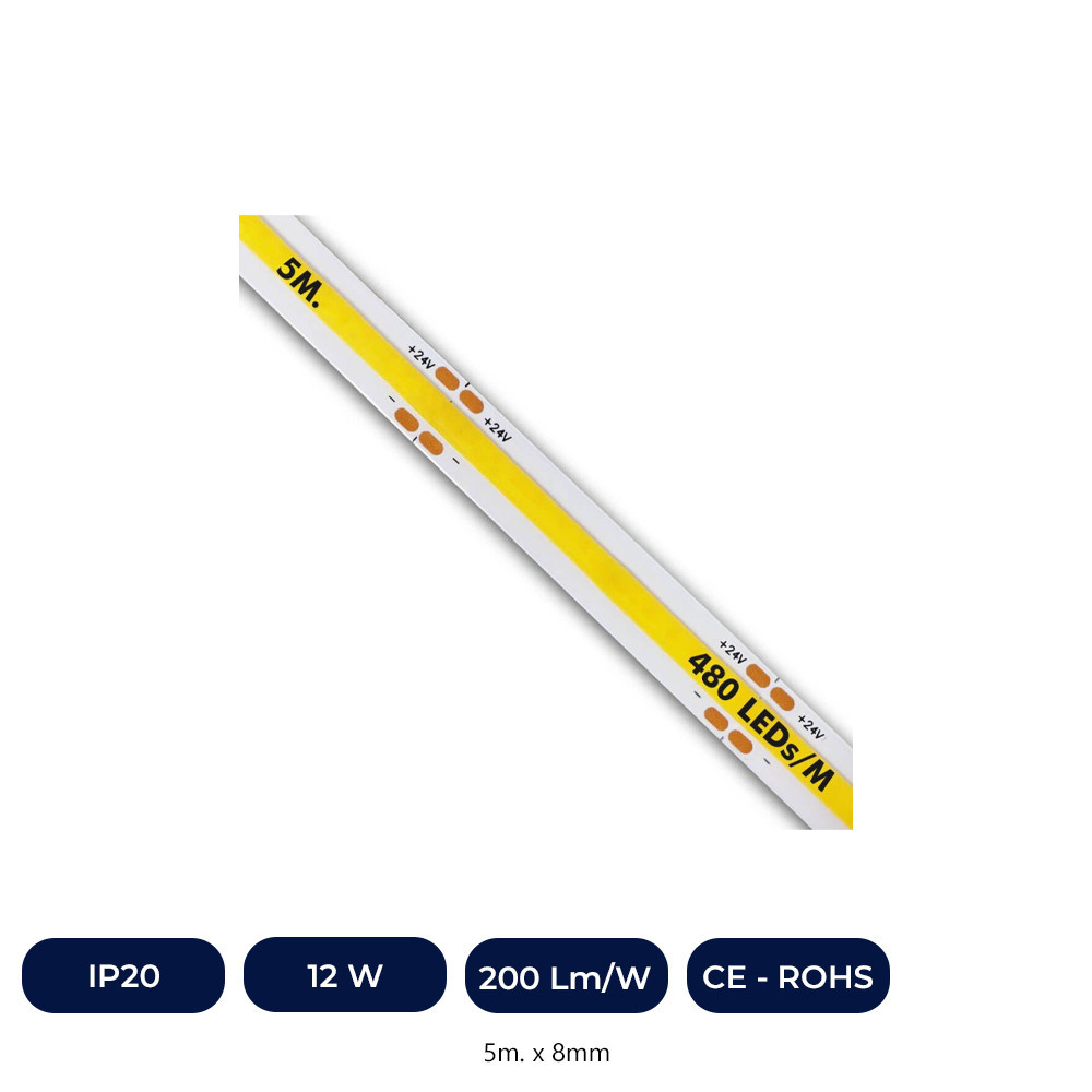 Ruban LED COB 24V | 480LED/M | 5M | 1200Lm |12W/M | IRC90 | IP20