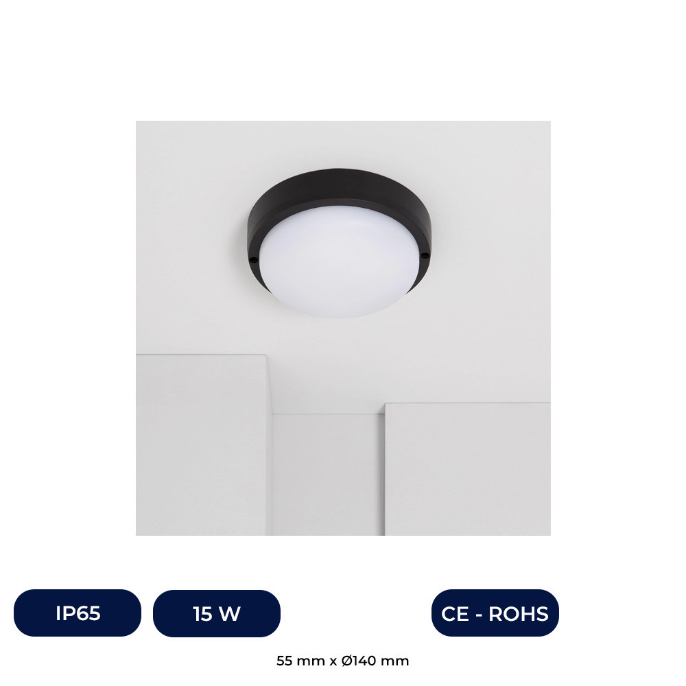 Plafonnier Extérieur LED Circulaire 15W Ø140 Mm IP65 Noir