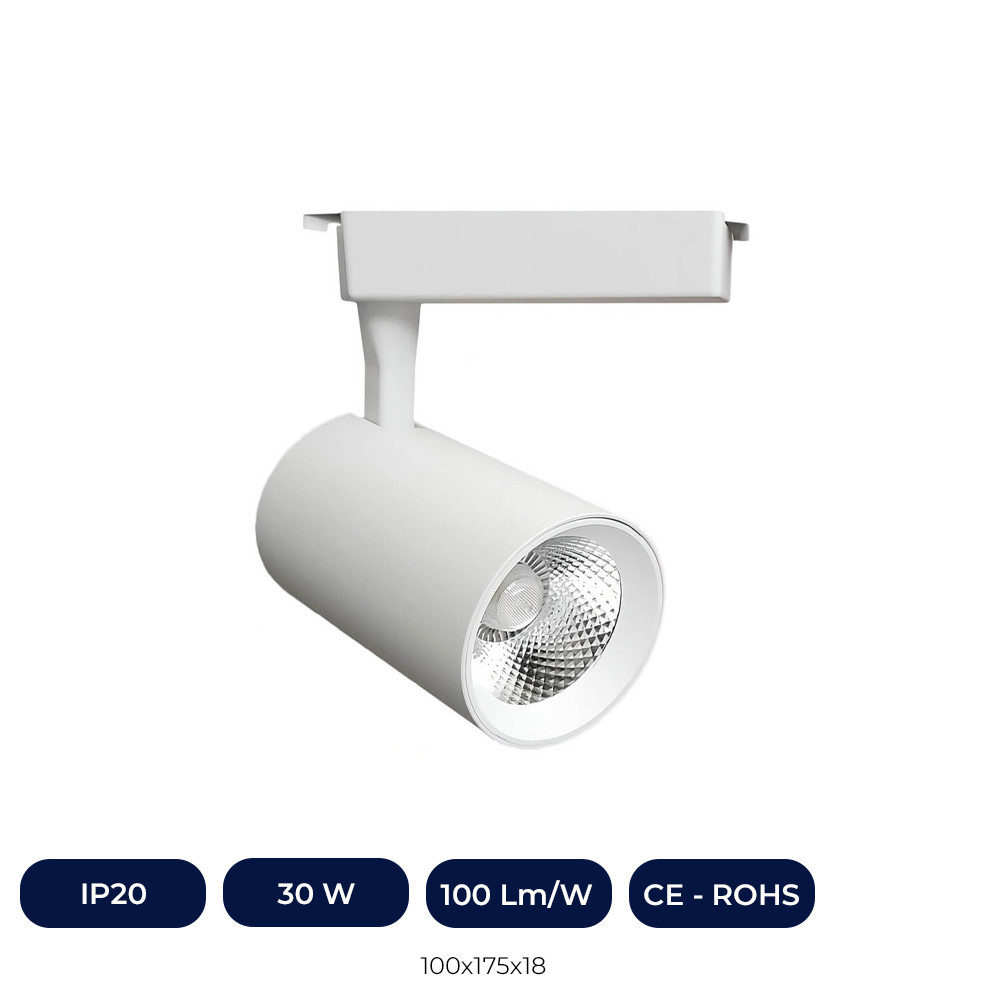 Spot LED Blanc 30W Monophasé Sur Rail - CCT - CRI+92 - 48º