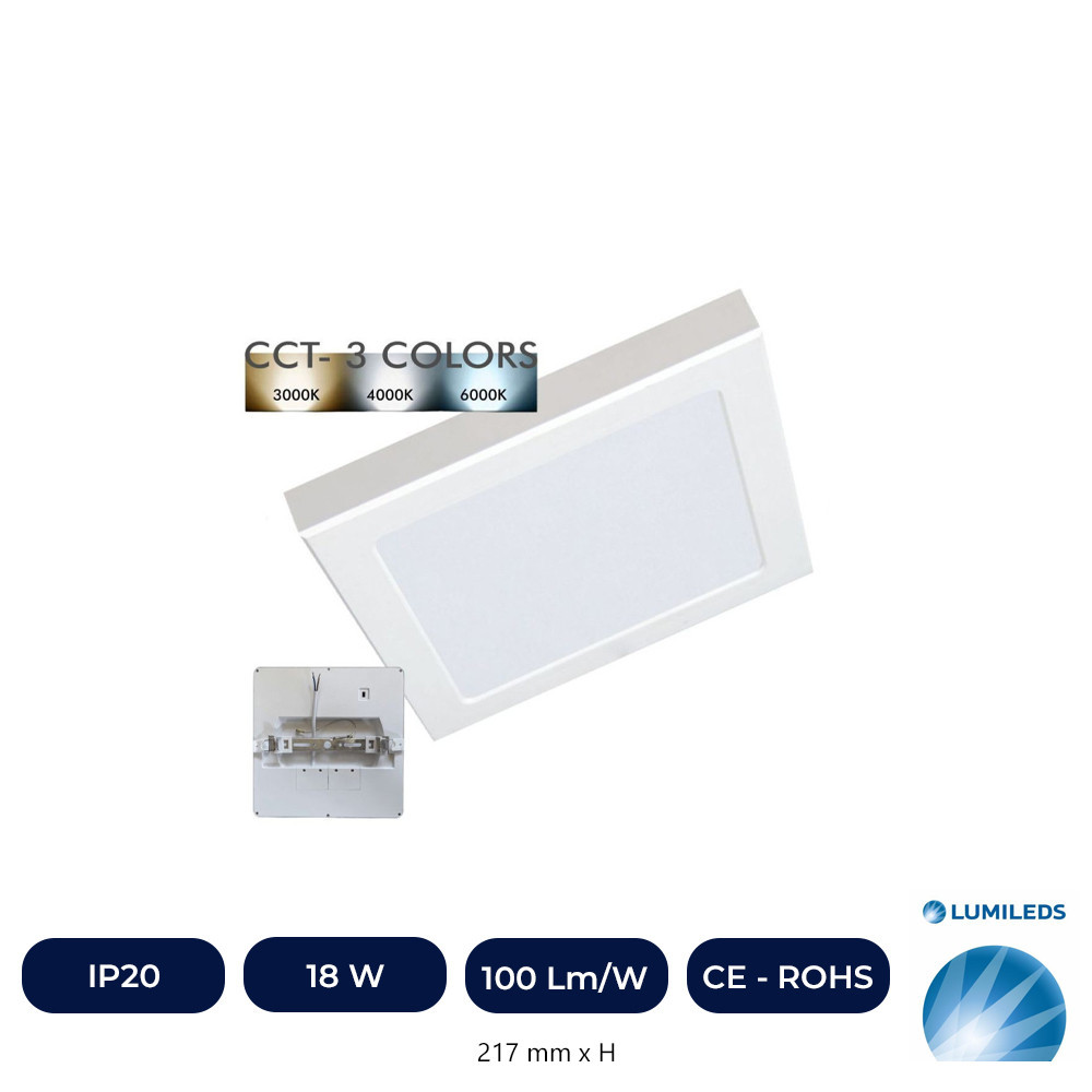 Plafonnier LED - Carre - WHITE LUMILEDS - 18W RÉGLABLE - CCT Couleur Sélectionnable