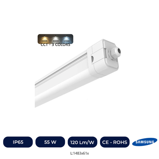 [TP55W-CCT] Réglette Étanche LED 55W-28W SAMSUNG - 3CCT - 150cm