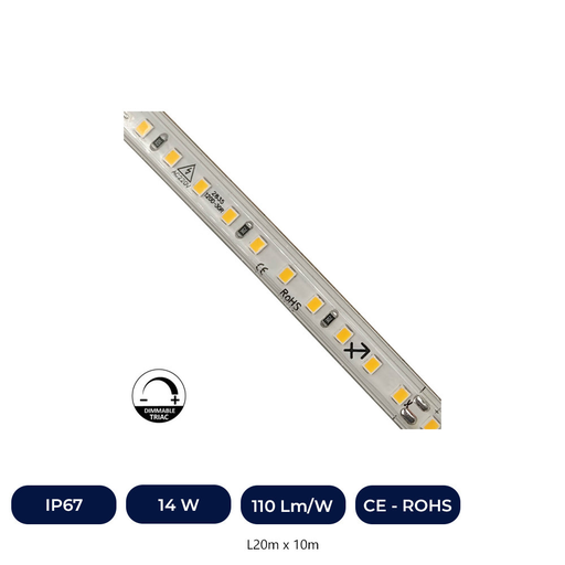 [IC120D14W-27K] Ruban LED 220V | 120xLED/M | 20m | SMD2835 | 1540Lm/M | 14W/M | IP67 | Coupe 10cm