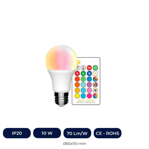 [A6010W-RGB] Ampoule LED RGB+W 10W 270 E27 Avec Télécommande