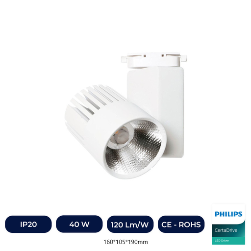 [IC85309-40WTLPHL-3K] Spot LED 40W Blanc PHILIPS Driver Monophasé Rail CRI+92