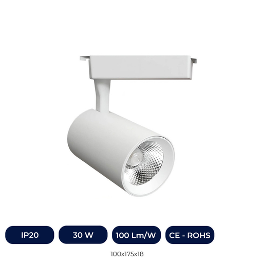 [90778-CCT] Spot LED Blanc 30W Monophasé Sur Rail - CCT - CRI+92 - 48º