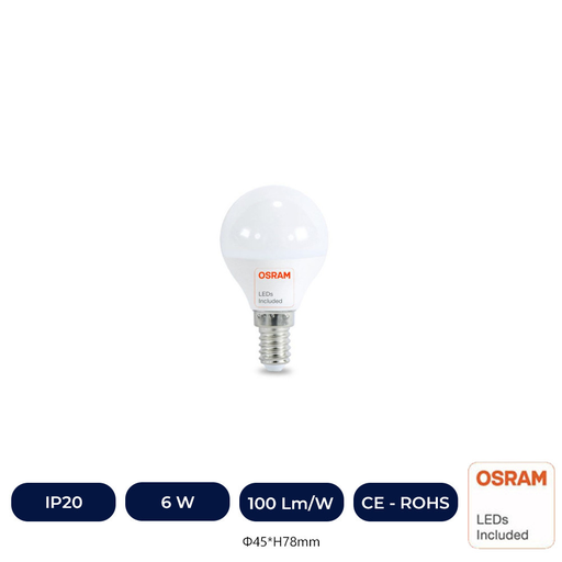 [p45-6W-4K] Ampoule LED 6W E14 G45 220º - OSRAM CHIP DURIS E 2835