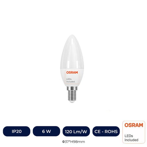 [C37-6W-27K] Ampoule LED Bougie 6W E14 C37 180º - OSRAM CHIP DURIS E 2835